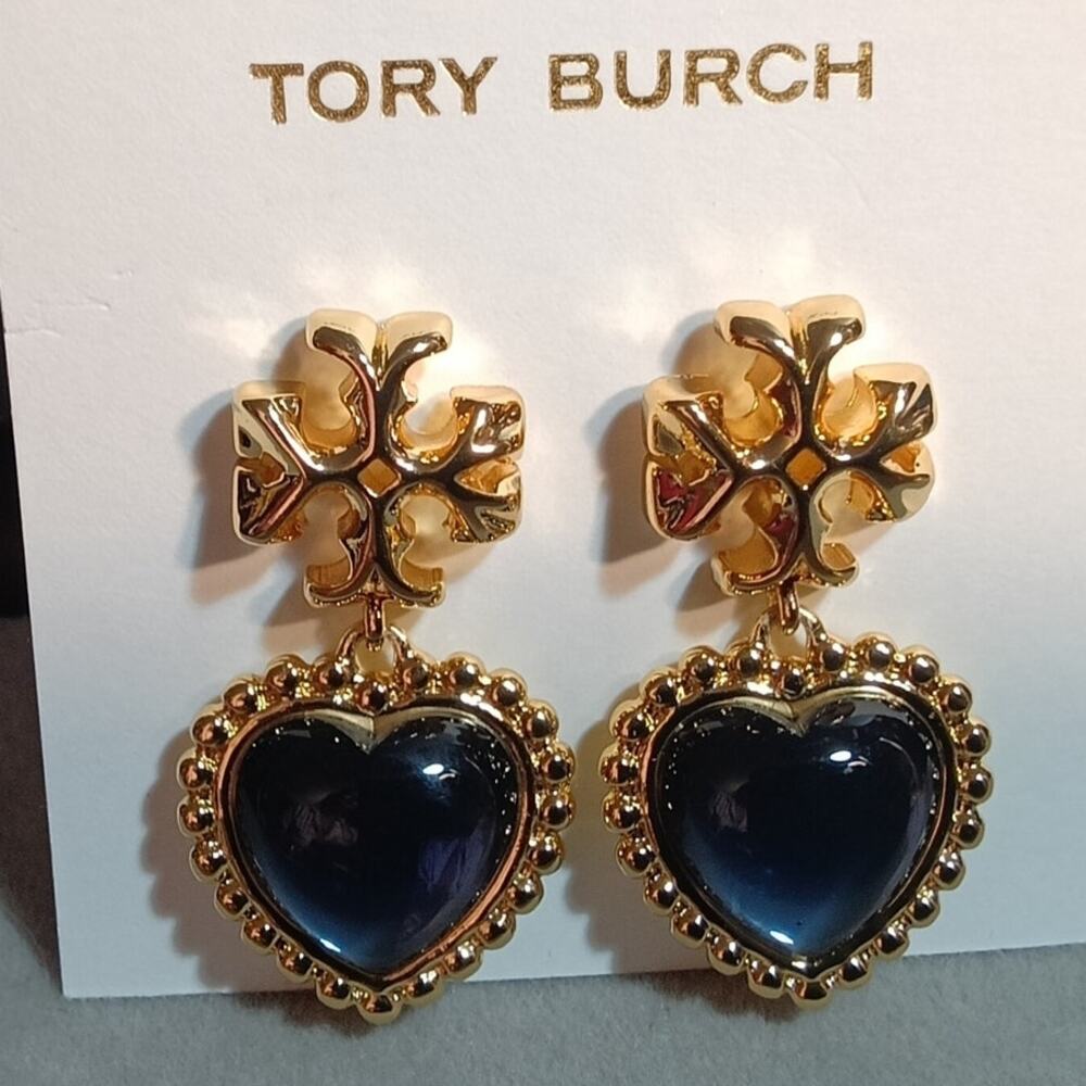 Tory Burch Roxanne Heart Earrings Gold & Blue Signed Logo Dangle NWT